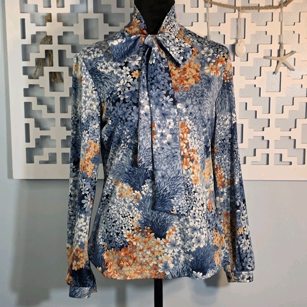 Vintage 70s Mardi Modes Floral Bow Blouse Blue Orange Size M USA Made